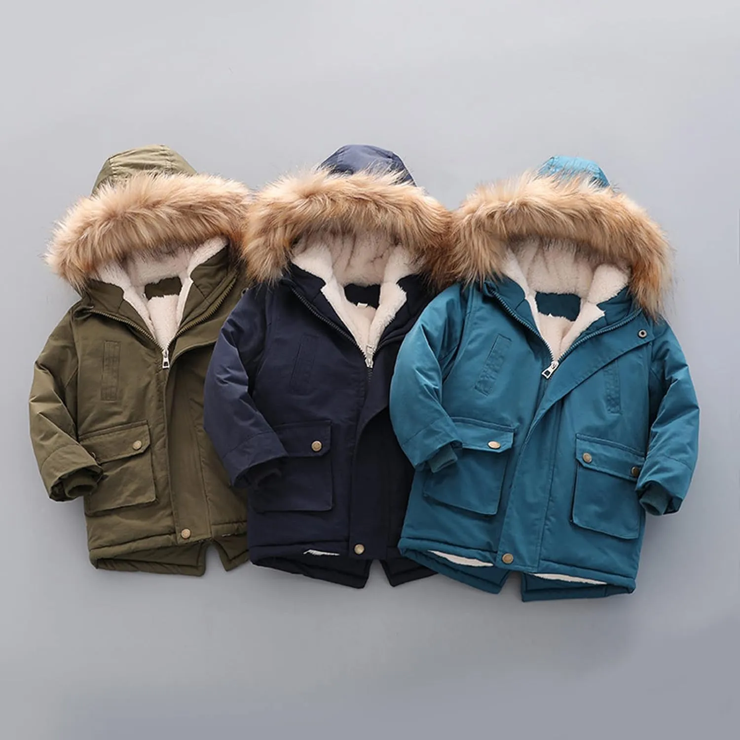 Toddler Girls Boys Padded Parka Thick Warm Jacket Faux Fur Hooded Fleece Coat for Kids Midweight Winter Jacket