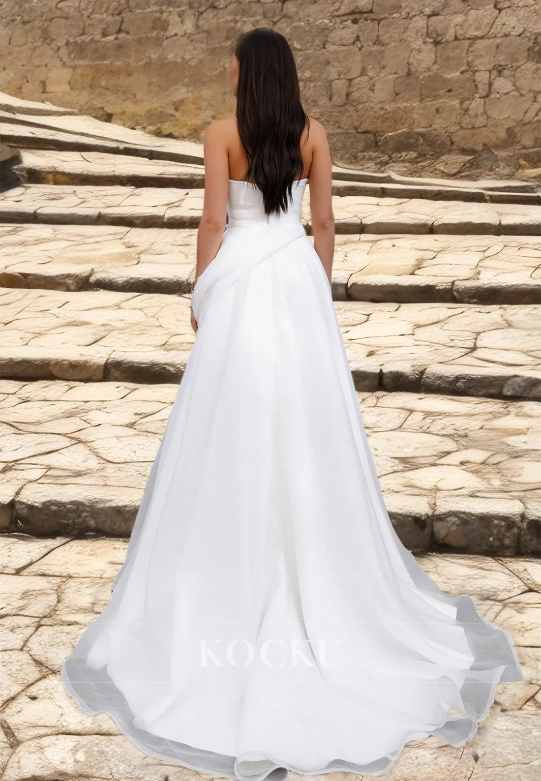 Tube Top A-Line Sleeveless High Slit Train Ruched Lace Wedding Dress with Floral Boho Gowns