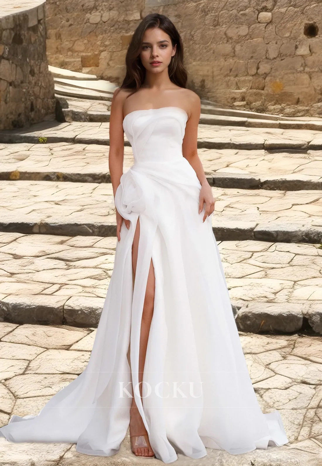 Tube Top A-Line Sleeveless High Slit Train Ruched Lace Wedding Dress with Floral Boho Gowns