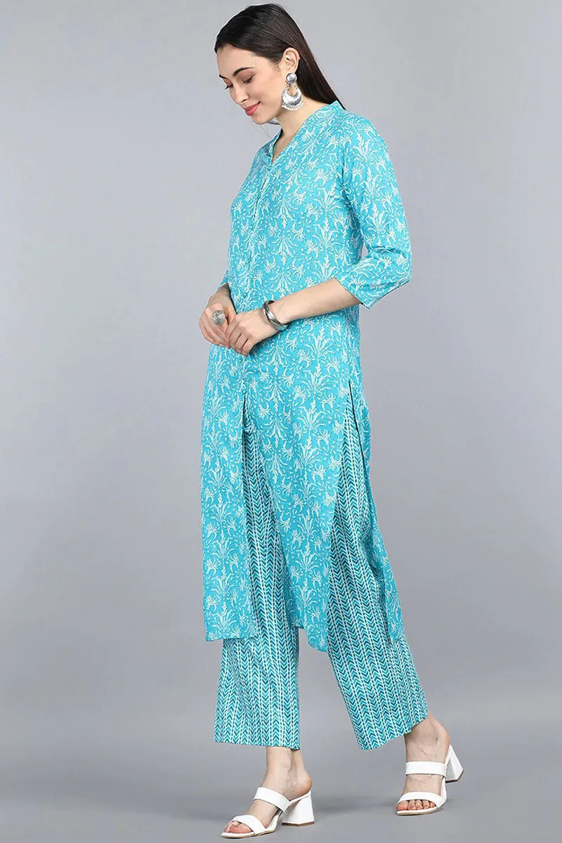 Turquoise Blue Cotton Ethnic Motifs Print Suit Set