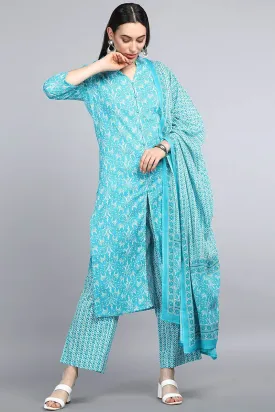 Turquoise Blue Cotton Ethnic Motifs Print Suit Set