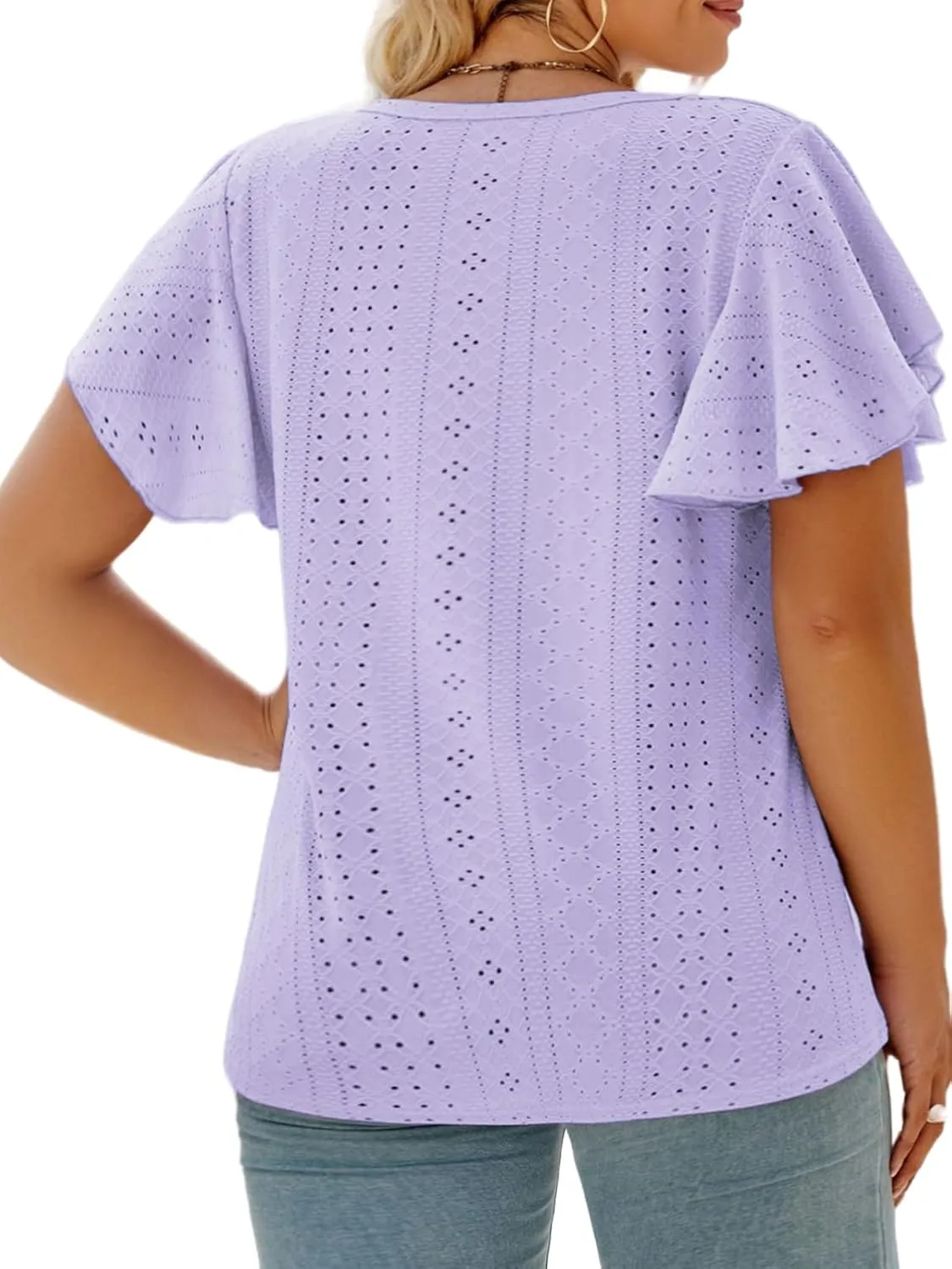 VISLILY Womens-Plus-Size-Summer-Tops Ruffle Short Sleeve T Shirts Crewneck Eyelet Tunics Casual Loose Tee