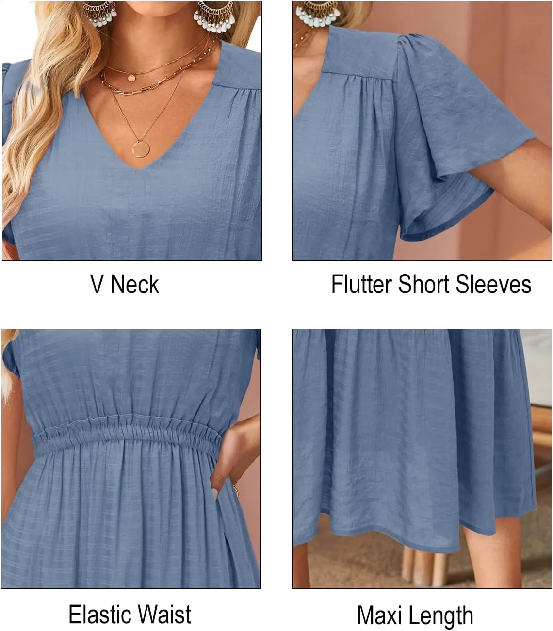 VOTEPRETTY Women's 2025 Summer Boho Maxi Dresses Flutter Short Sleeve V Neck Casual Beach Wedding Guest Vacation Long Dress