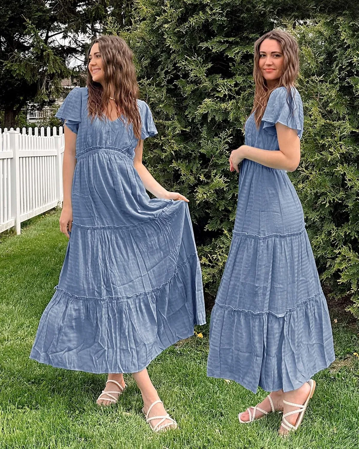 VOTEPRETTY Women's 2025 Summer Boho Maxi Dresses Flutter Short Sleeve V Neck Casual Beach Wedding Guest Vacation Long Dress