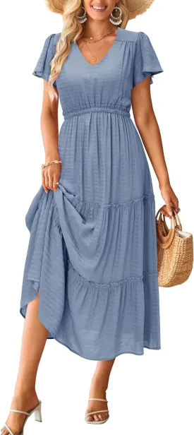 VOTEPRETTY Women's 2025 Summer Boho Maxi Dresses Flutter Short Sleeve V Neck Casual Beach Wedding Guest Vacation Long Dress