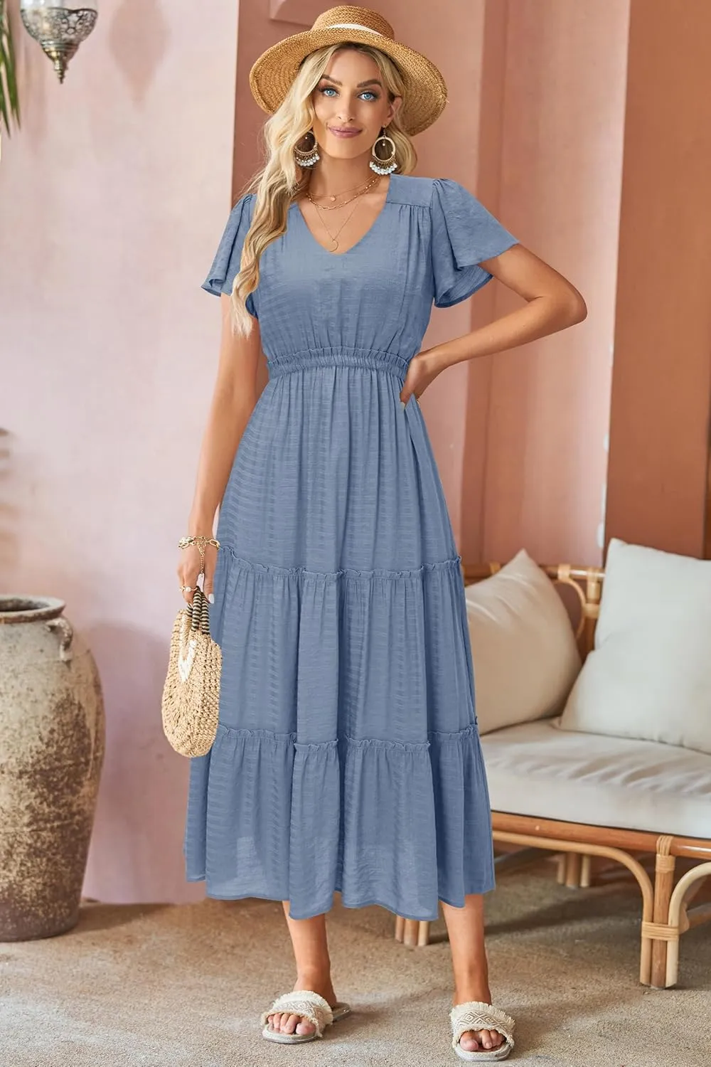 VOTEPRETTY Women's 2025 Summer Boho Maxi Dresses Flutter Short Sleeve V Neck Casual Beach Wedding Guest Vacation Long Dress