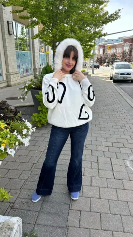 WHITE HEART SWEATER WITH FUR LINED HOODY AND DRAWSTRING NECK
