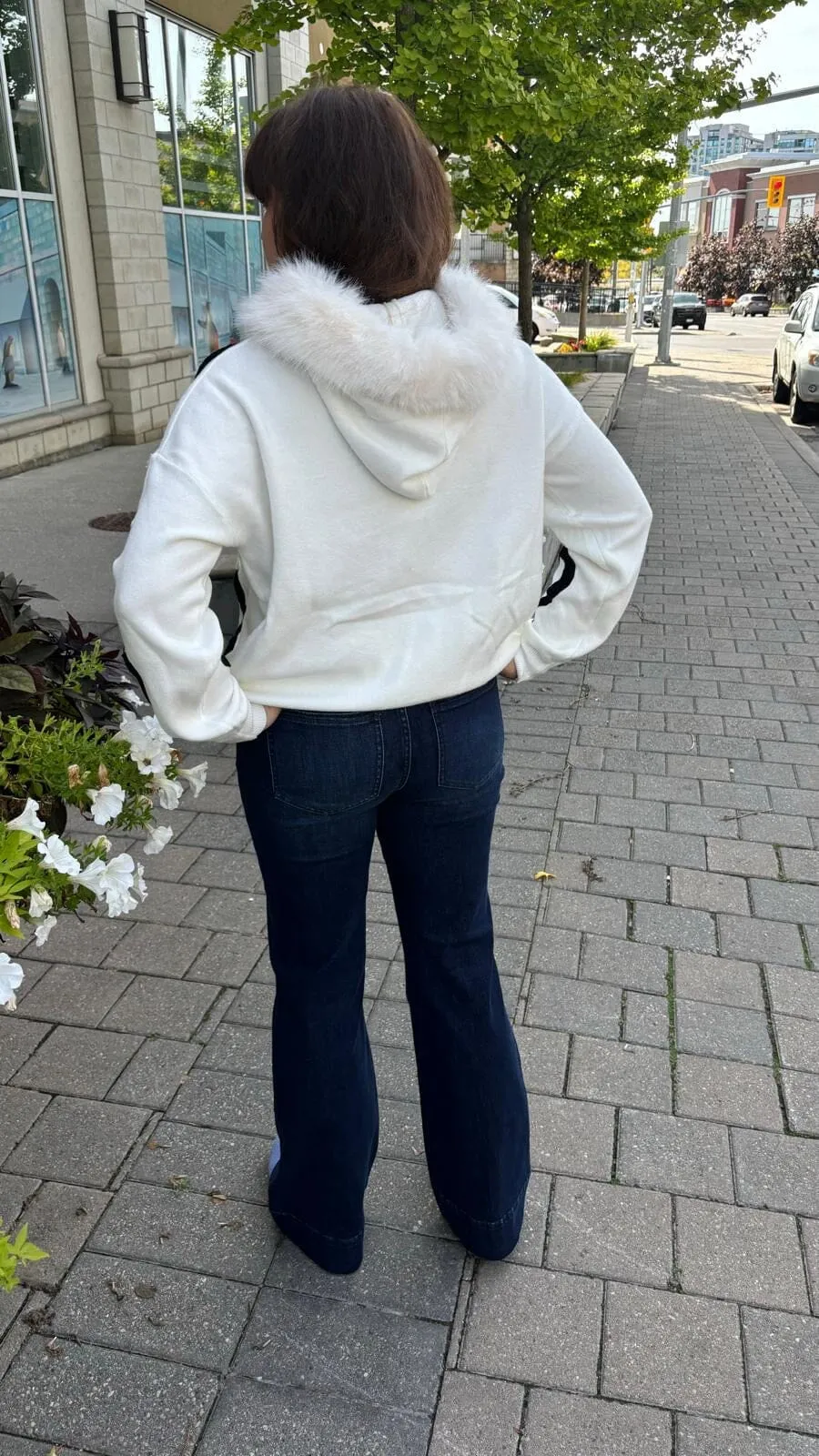 WHITE HEART SWEATER WITH FUR LINED HOODY AND DRAWSTRING NECK