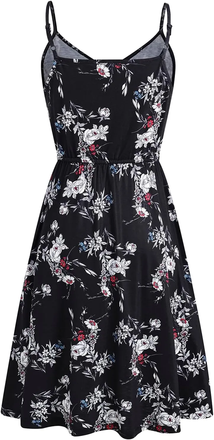 Women's Casual Summer Dress Beach Sleeveless Spaghetti Strap Adjustable Waist A Line Sun Dresses with Pockets 826