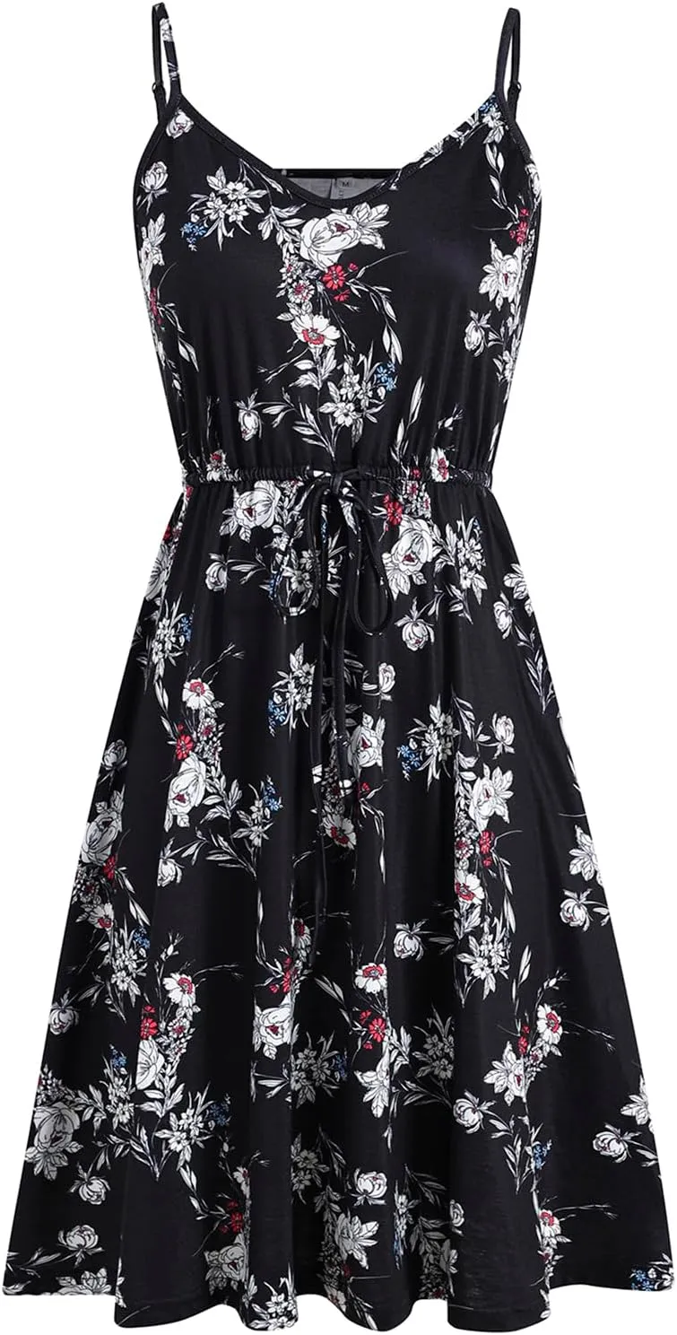 Women's Casual Summer Dress Beach Sleeveless Spaghetti Strap Adjustable Waist A Line Sun Dresses with Pockets 826
