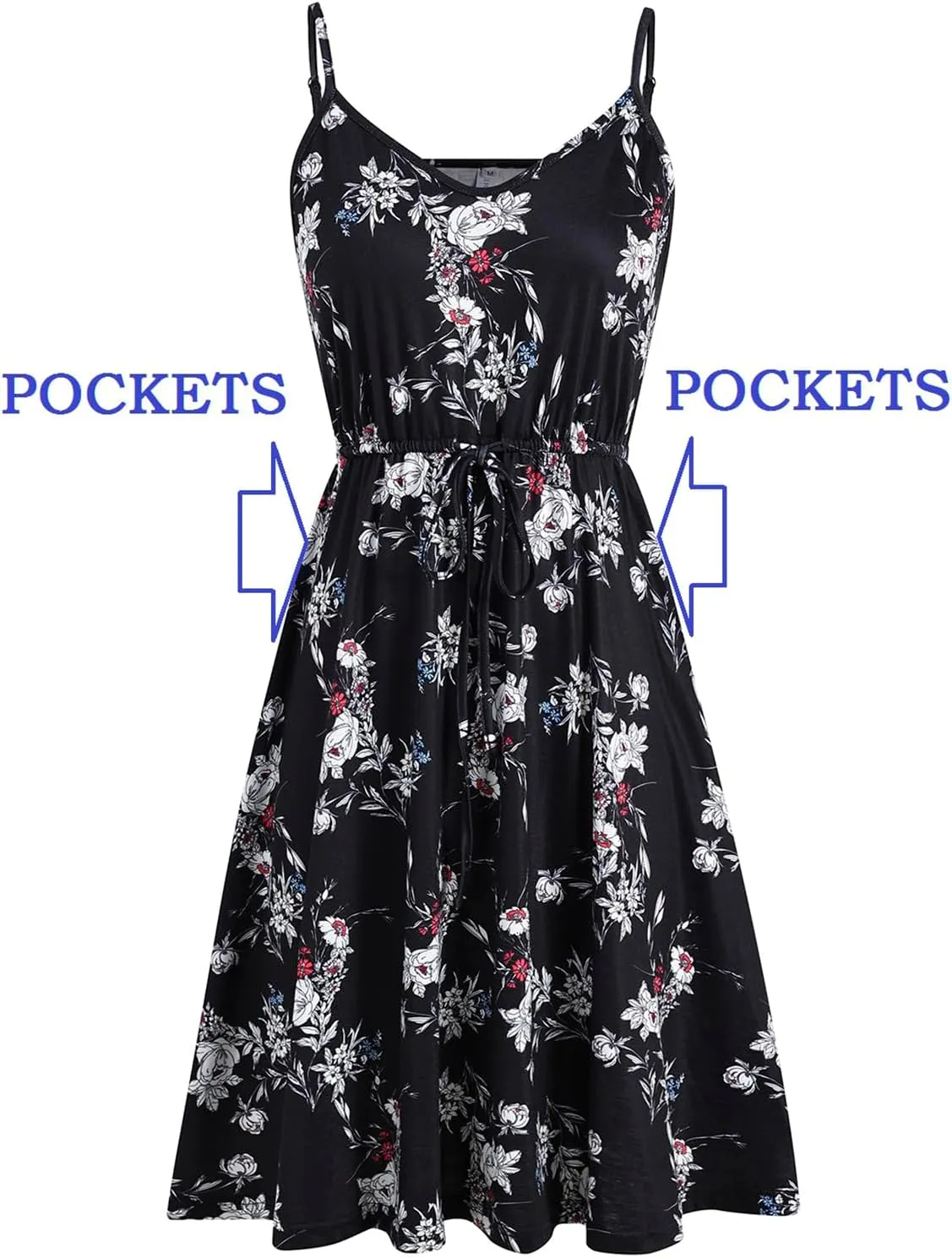 Women's Casual Summer Dress Beach Sleeveless Spaghetti Strap Adjustable Waist A Line Sun Dresses with Pockets 826