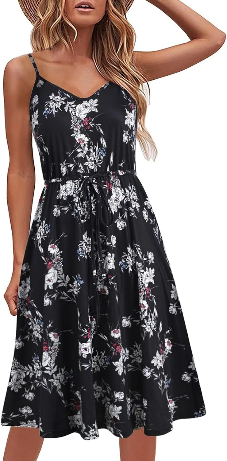 Women's Casual Summer Dress Beach Sleeveless Spaghetti Strap Adjustable Waist A Line Sun Dresses with Pockets 826