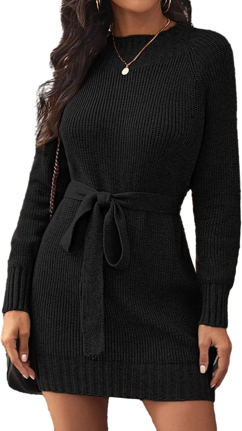 Womens Cute Bow Wrap Sweater Dresses Spring 2025 Ladies Dressy Casual Lightweight Ribbed Knit Crewneck Mini Dress