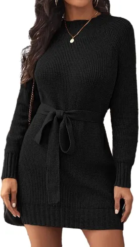 Womens Cute Bow Wrap Sweater Dresses Spring 2025 Ladies Dressy Casual Lightweight Ribbed Knit Crewneck Mini Dress
