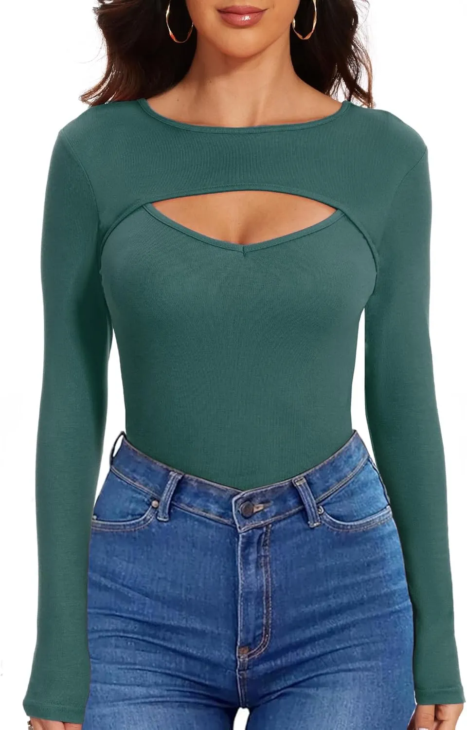 Womens Long Sleeve Tops Cut Out Front Ribbed Fitted Sexy Cute Casual Tops Tee Dressy T-Shirts Tshirt