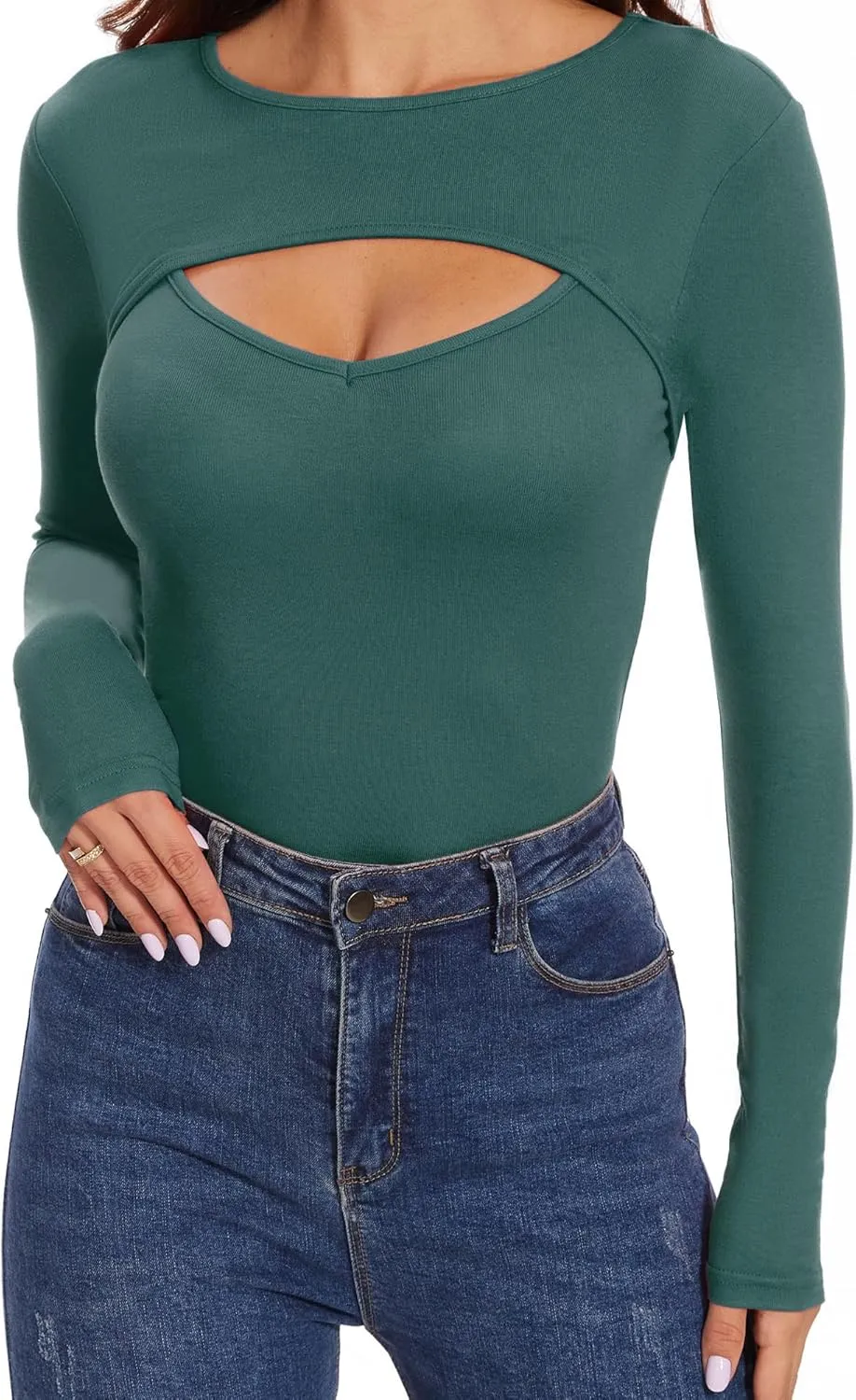 Womens Long Sleeve Tops Cut Out Front Ribbed Fitted Sexy Cute Casual Tops Tee Dressy T-Shirts Tshirt