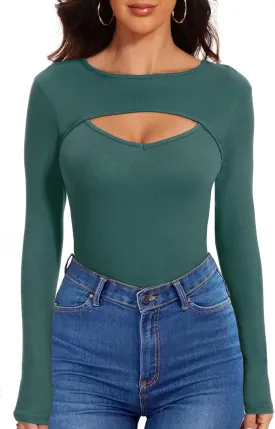 Womens Long Sleeve Tops Cut Out Front Ribbed Fitted Sexy Cute Casual Tops Tee Dressy T-Shirts Tshirt