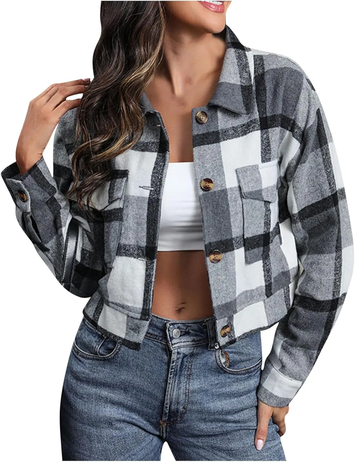 Womens Plaid Cropped Shacket Button Down Flannel Shirts Pockets Long Sleeve Light Jacket Fall Winter Fashion Coats