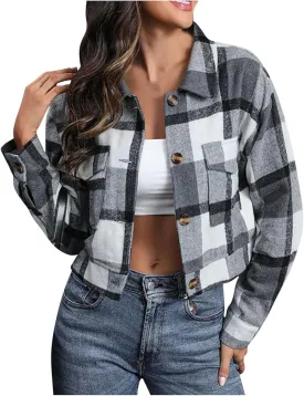 Womens Plaid Cropped Shacket Button Down Flannel Shirts Pockets Long Sleeve Light Jacket Fall Winter Fashion Coats