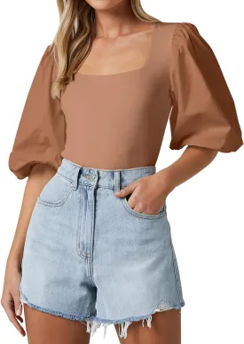 Women's Square Neck Puff Short Sleeve Tops Summer Dressy Casual Blouse T Shirts