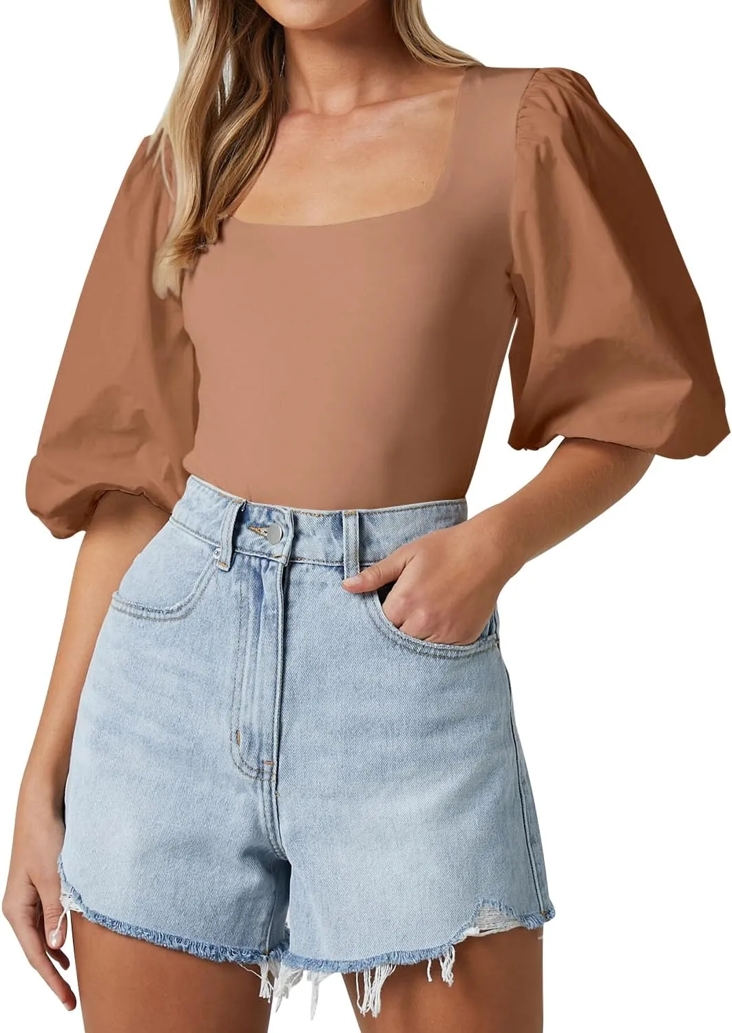 Women's Square Neck Puff Short Sleeve Tops Summer Dressy Casual Blouse T Shirts