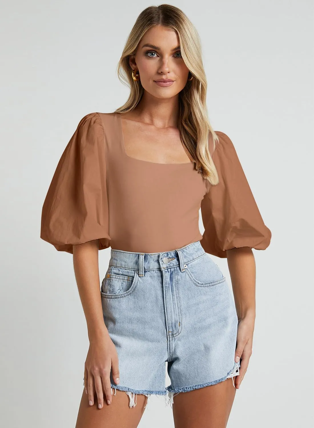 Women's Square Neck Puff Short Sleeve Tops Summer Dressy Casual Blouse T Shirts