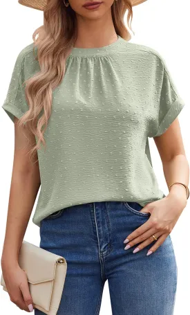 Work Blouses for Women Dressy Casual Swiss Dots Short Sleeve Tops Chiffon Business Casual Summer Tops